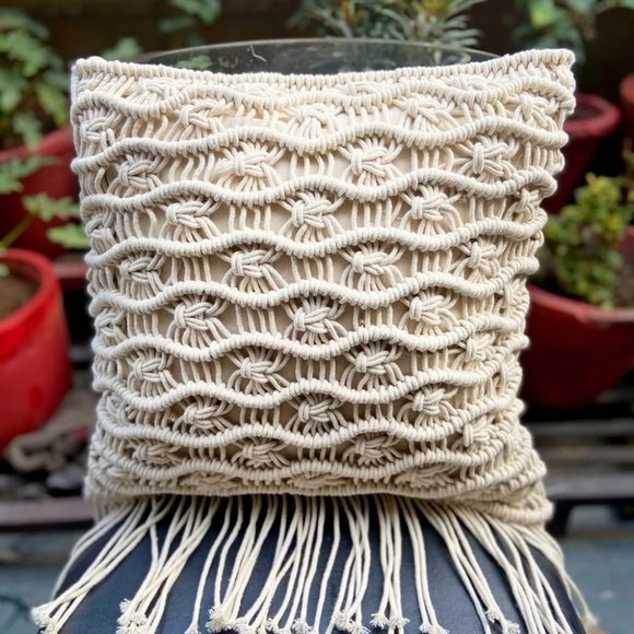 Macrame Cushion Cover, Waves, Ivory, 16x16 Inches, Pack of 1 - Picture 4 of 7